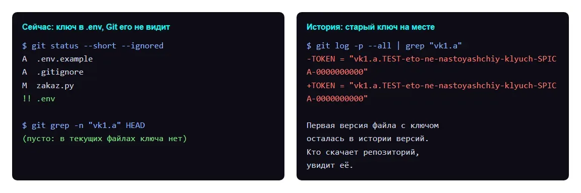 Слева Git не видит файл .env с ключом, справа поиск по истории находит старую версию файла, где ключ был вписан в код