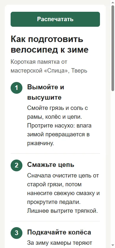 Памятка «Как подготовить велосипед к зиме» на телефоне: зелёная кнопка «Распечатать» и пункты крупным шрифтом